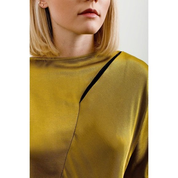 Palmer// Harding Woman's Sz 4/6 Golden‎ Yellow Slash Ruched Blouse Navy - Picture 2 of 12